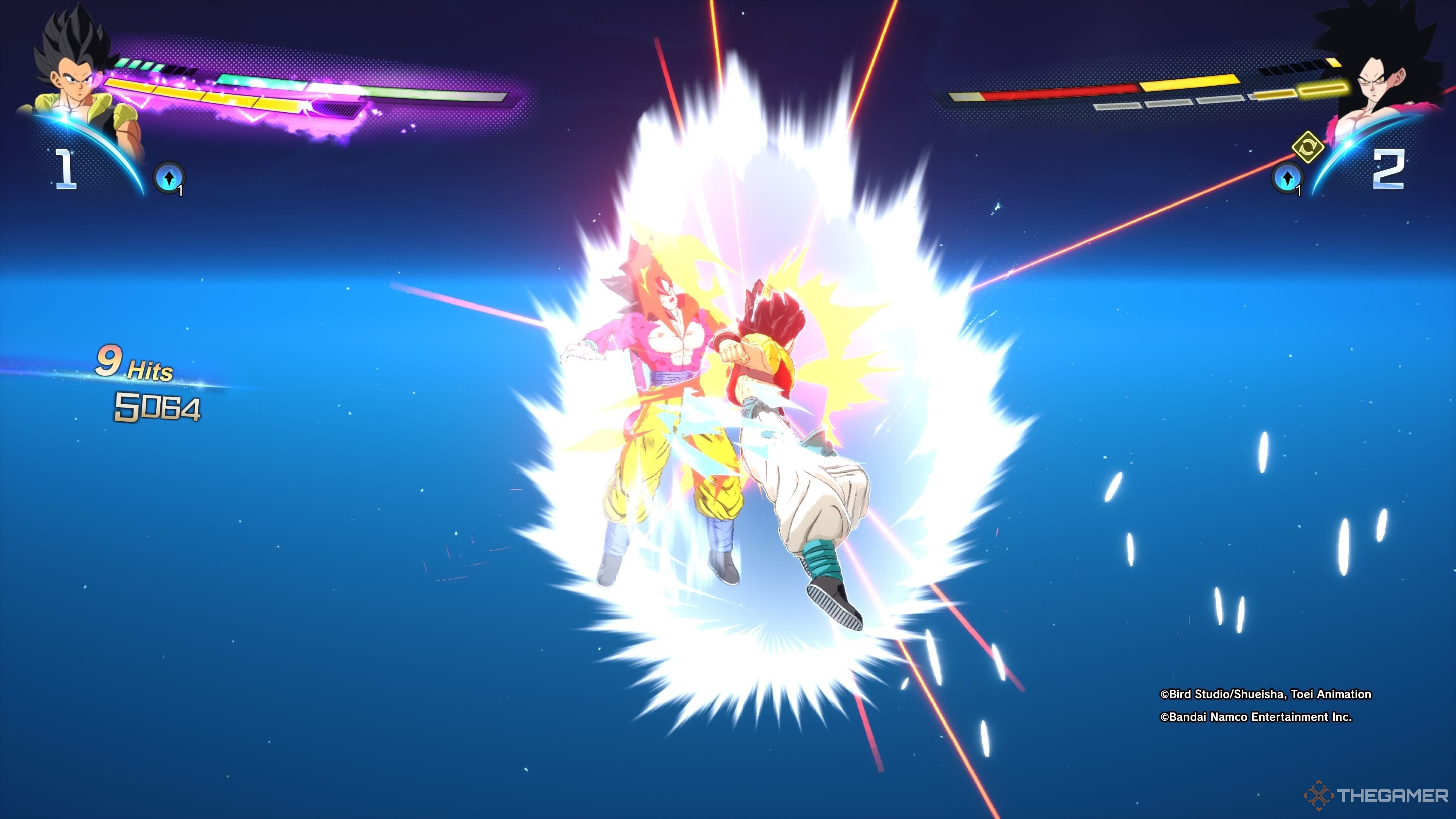 Gogeta hitting Super Saiyan 4 Goku in Sparking Mode in Dragon Ball: Sparking Zero.