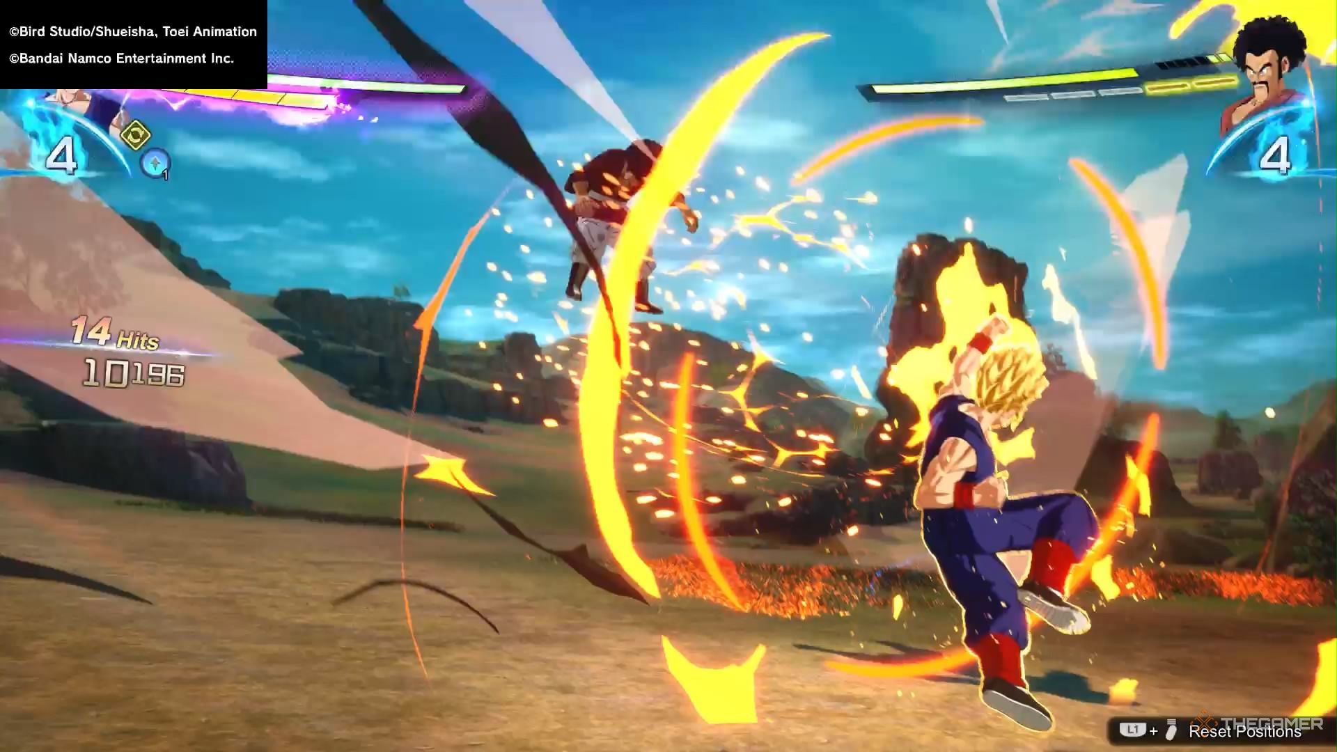 Gohan launches Mr.Satan into the air with a Burst Finish during a training session in an open field in Dragon Ball: Sparking Zero.