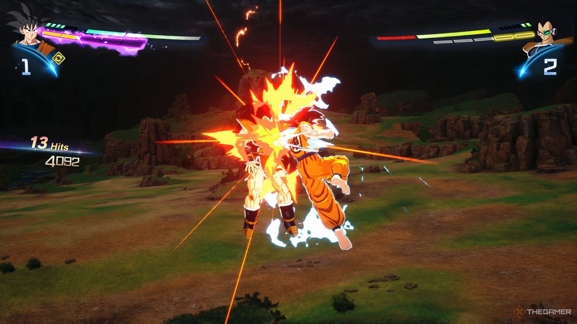 The image shows Goku using a Rush Combo on Raditz in Dragon Ball: Sparking Zero.