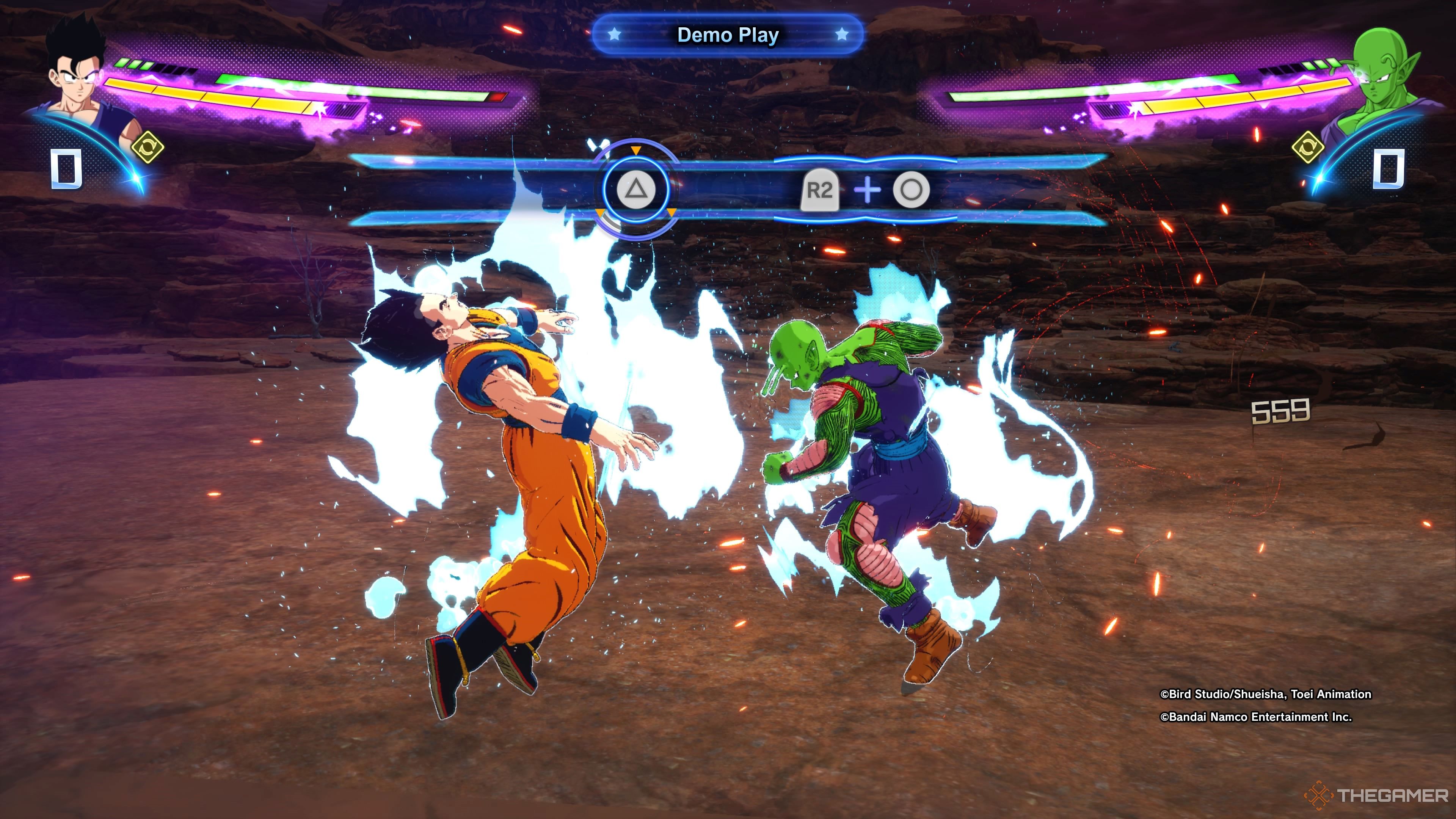 Piccolo demonstrates a Sparking Combo to Gohan during a training session at the Rocky Land in Dragon Ball: Sparking Zero.