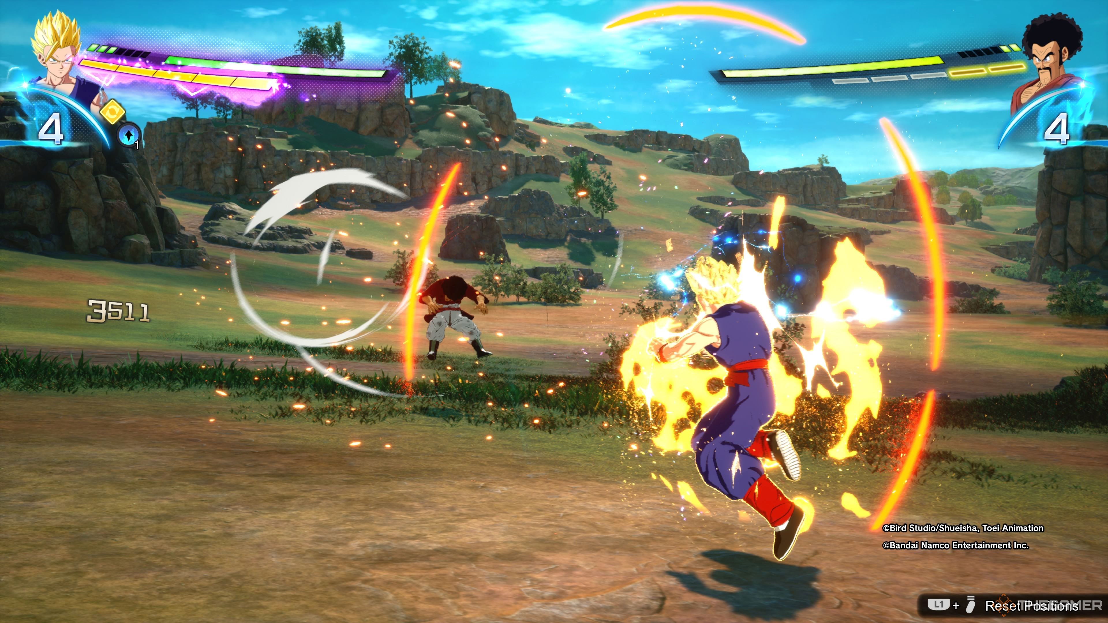 Gohan forces Mr.Satan back with a Heavy Smash during a training session in an open field in Dragon Ball: Sparking Zero.