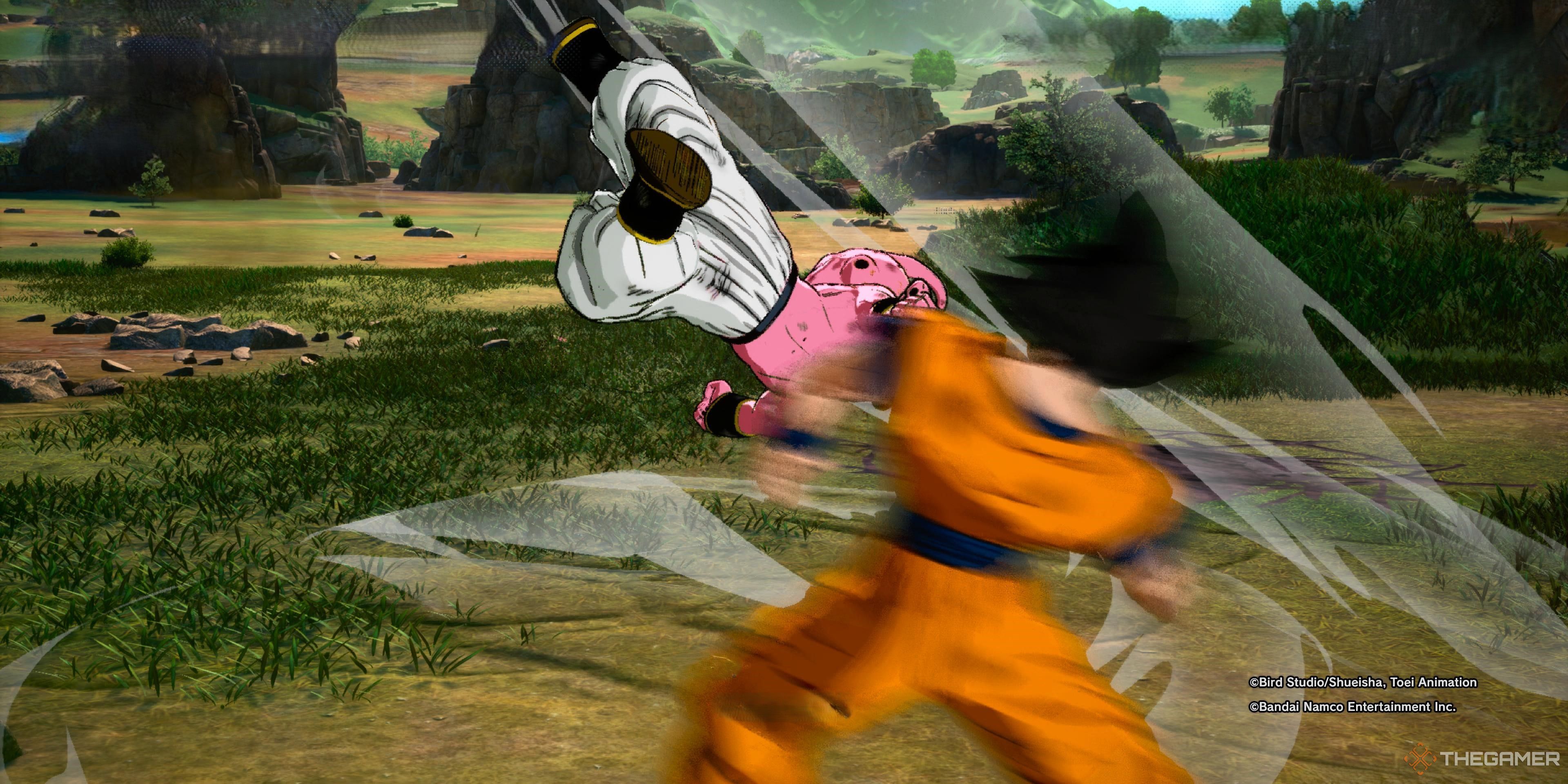 Goku using sonic sway against Kid Buu in Dragon Ball: Sparking Zero.