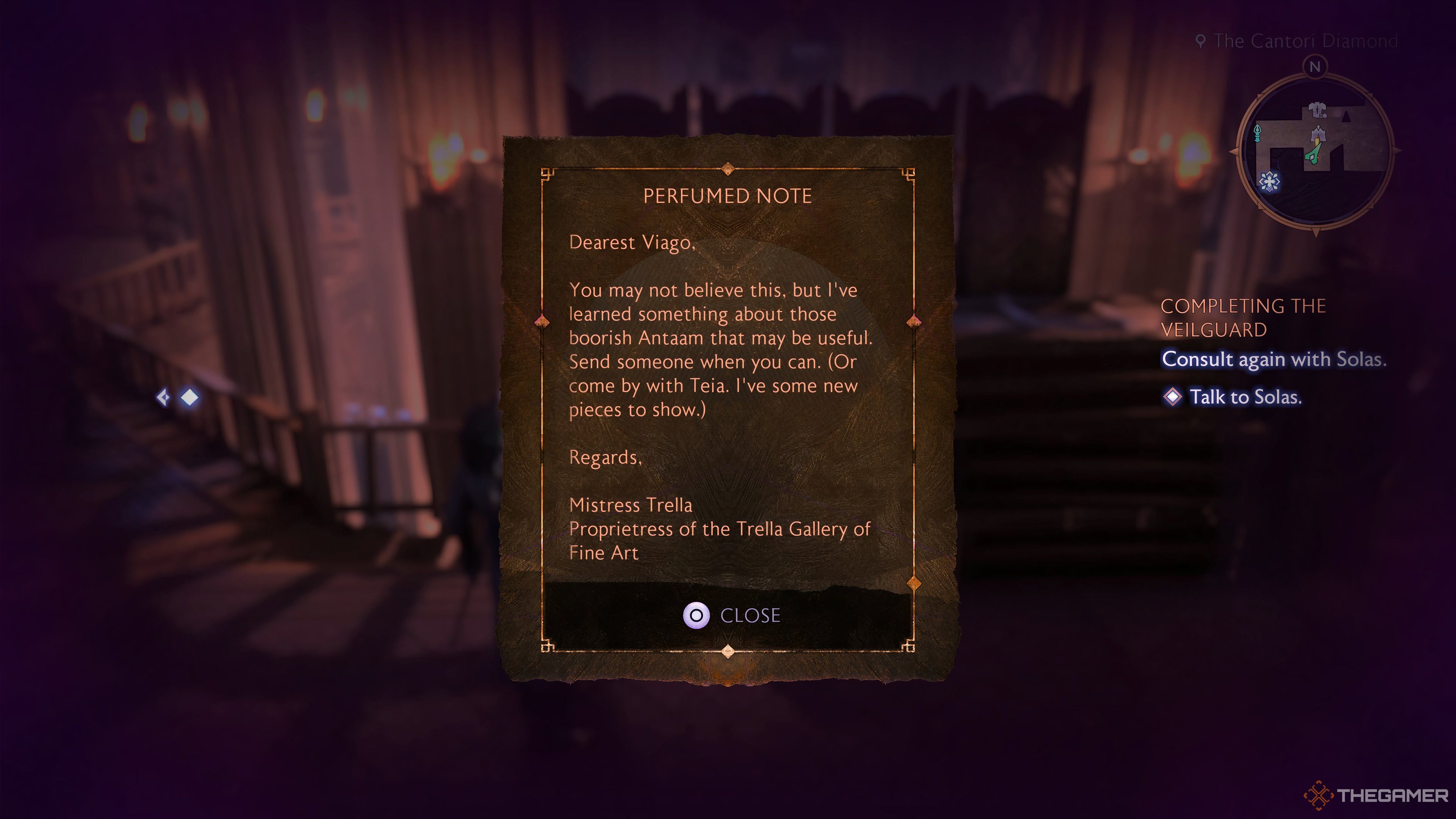 Player Rook reading the note that unlocks the Statuary, Fine Art, and Antaam quest in Dragon Age: The Veilguard.