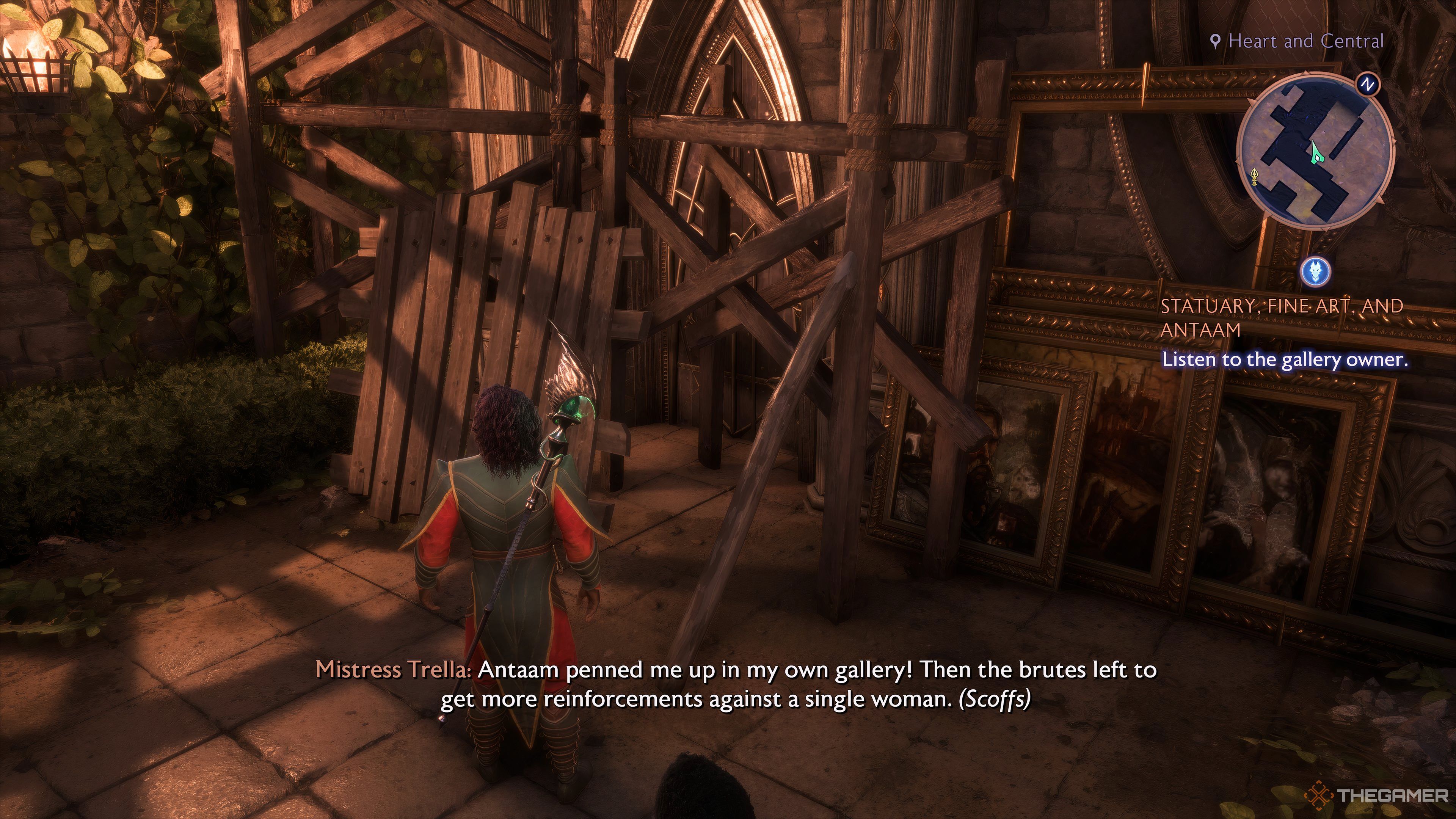 Player Rook standing outside a building blocked by wooden debris in Dragon Age: The Veilguard.