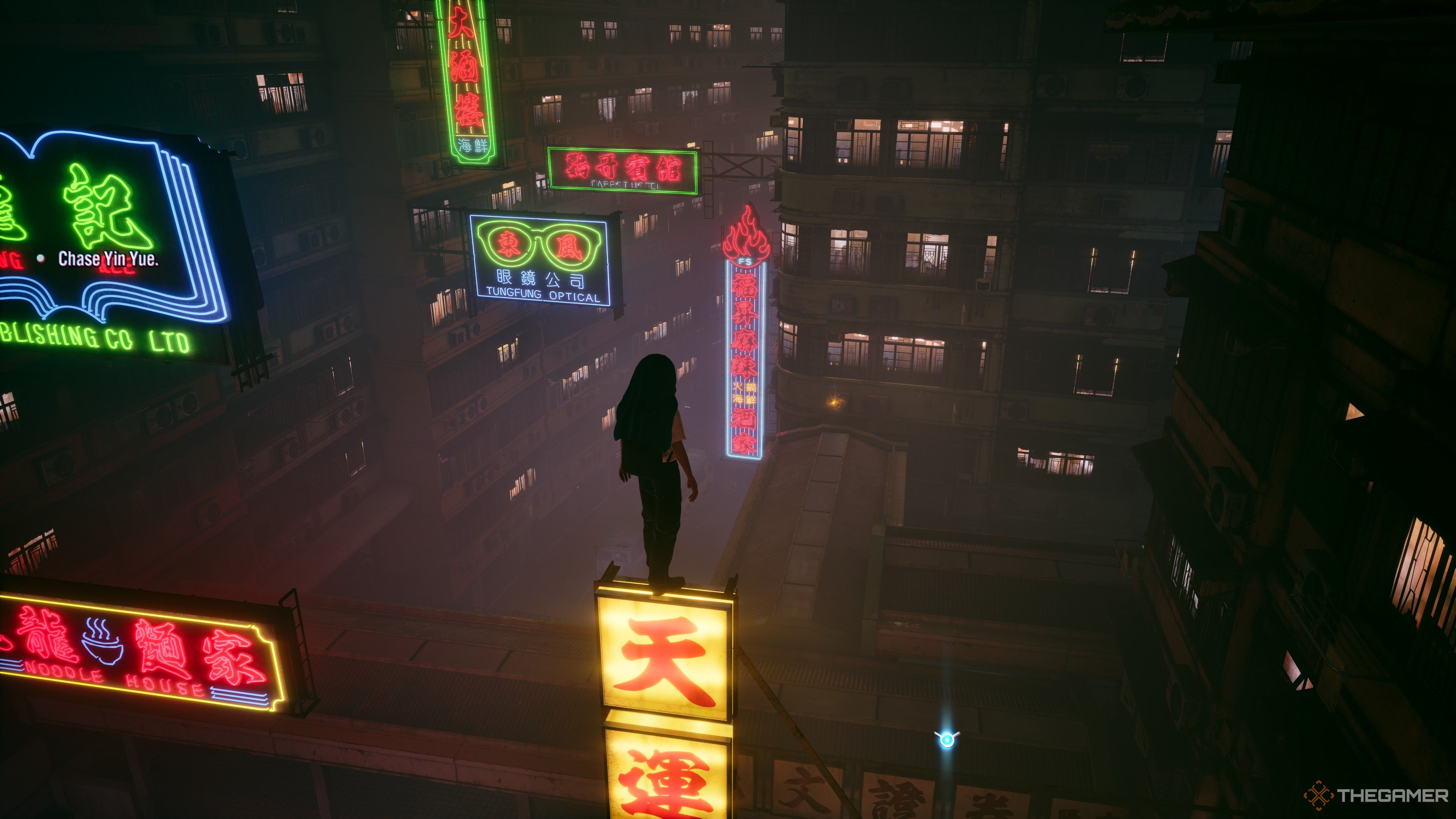 Slitterhead character standing on a neon sign looking down at a glowing yellow memory fragment on a bridge.