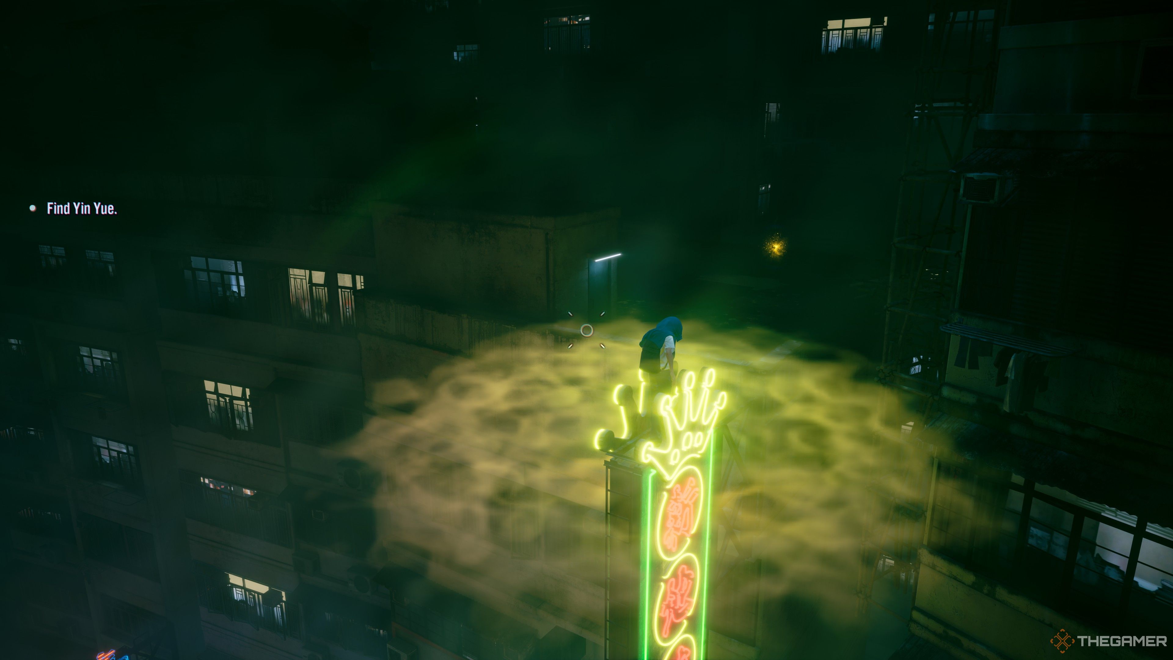 Slitterhead charactger crouched on a neon sign looking at a glowing yellow memory fragment on a rooftop.