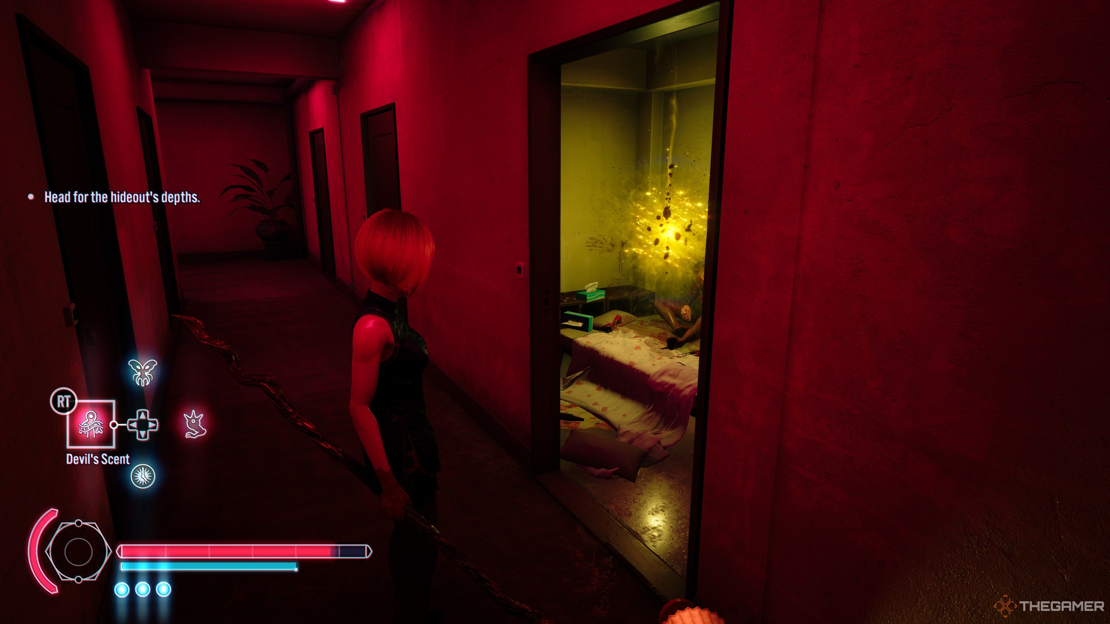 Slitterhead character looking at a yellow memory fragment in a red corridor.