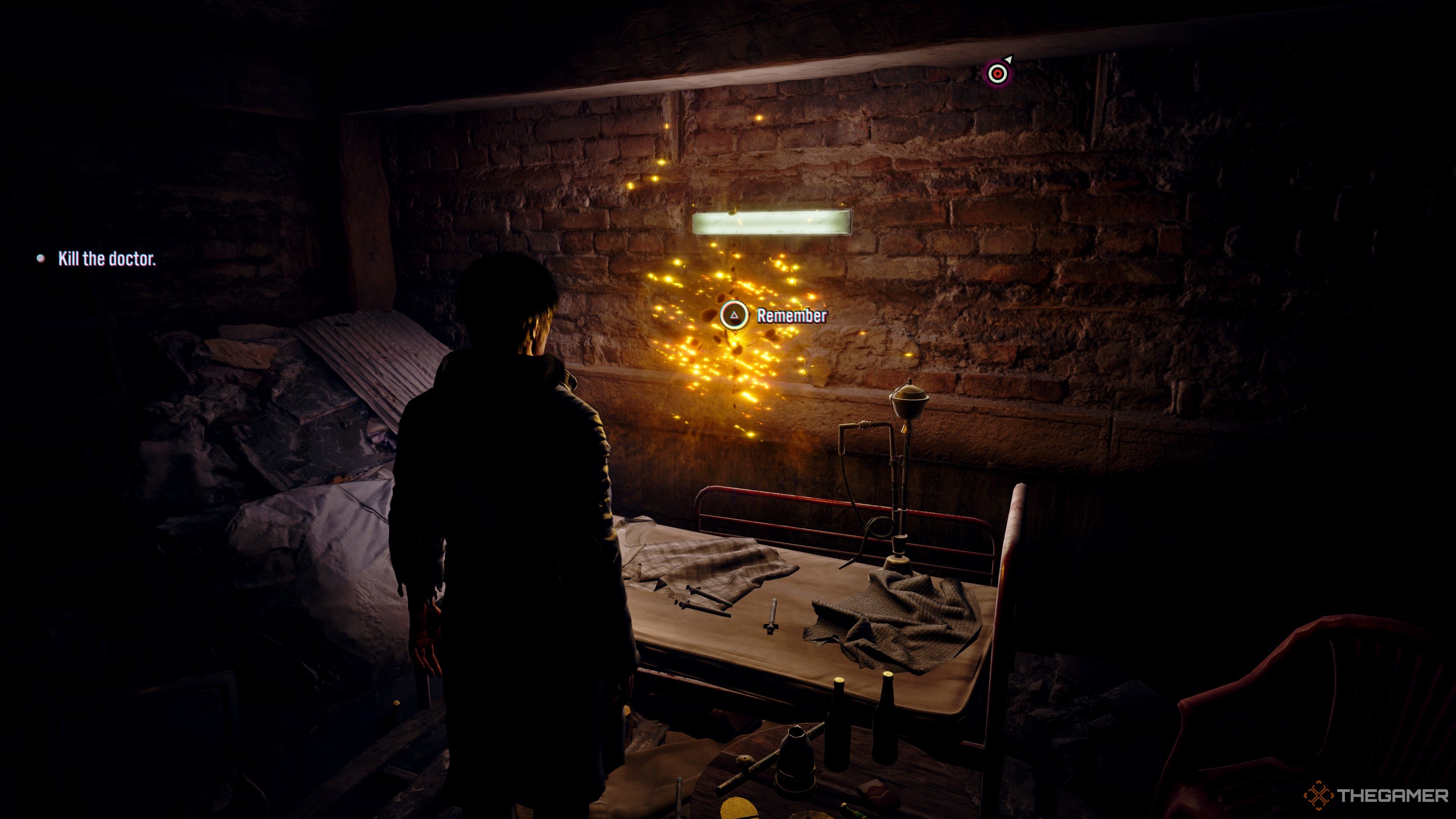 Slitterhead character inspecting a memory fragment above a desk. 