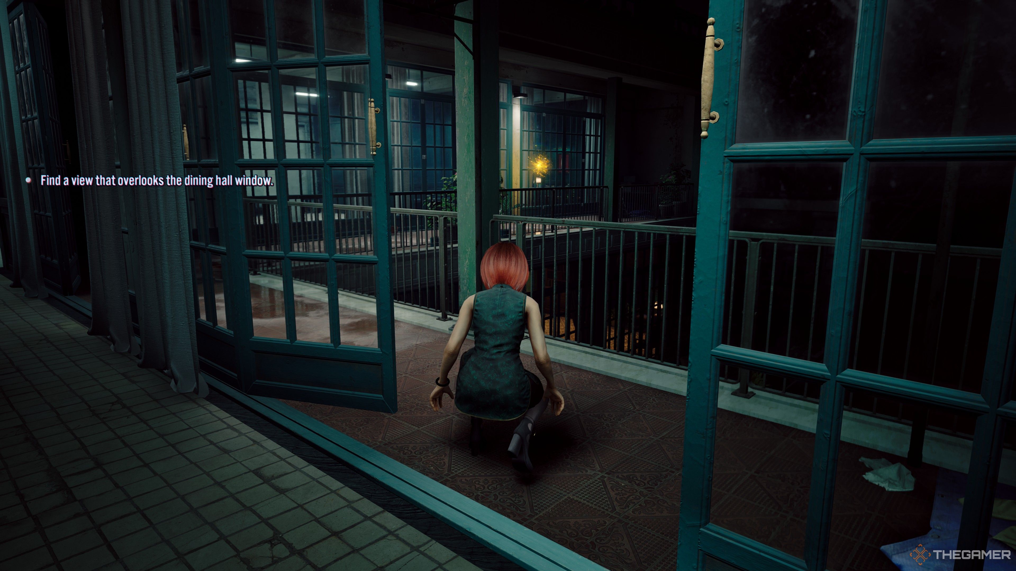 Slitterhead character crouched on a balcony, looking at a memory fragment.