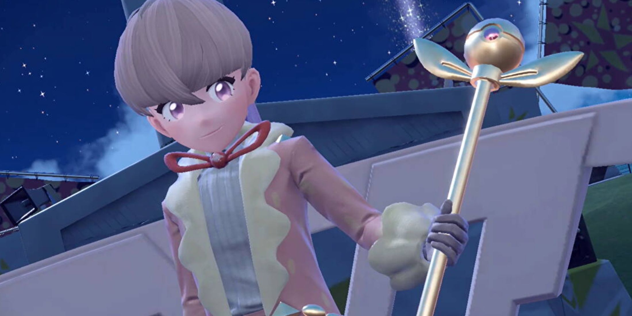 Ortega brandishing a scepter in pokemon scarlet and violet.