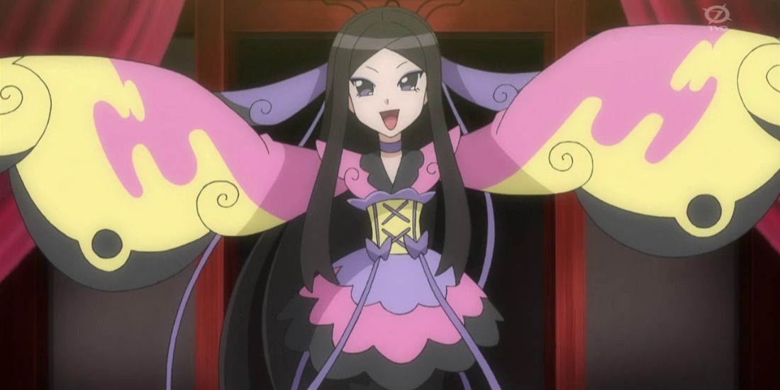 Valerie has raised both of her arms in her stylish kimono in the pokemon anime.