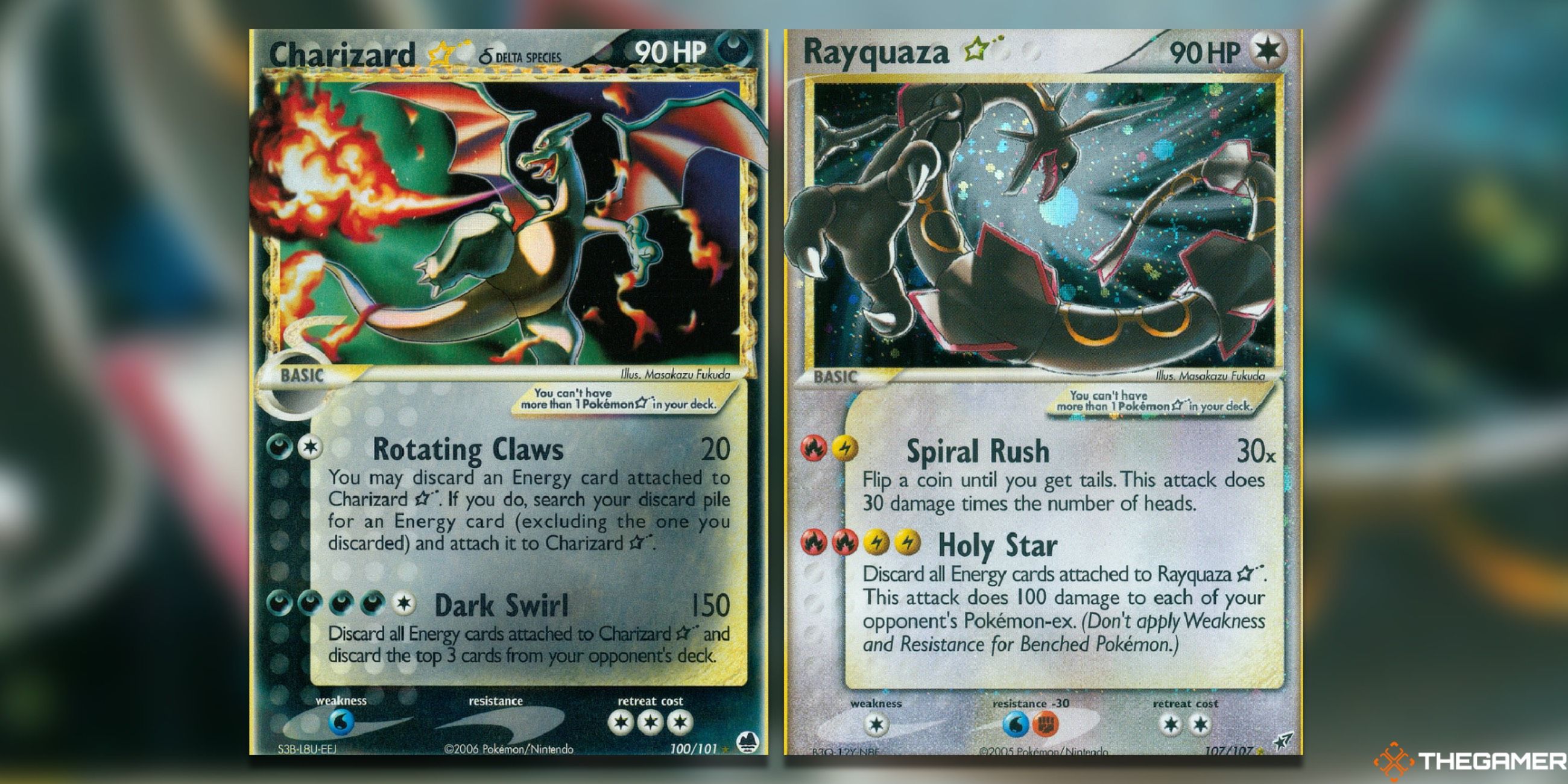 The Rayquaza Star from EX Deoxys and Charizard Star from Dragon Frontiers in the Pokemon TCG.