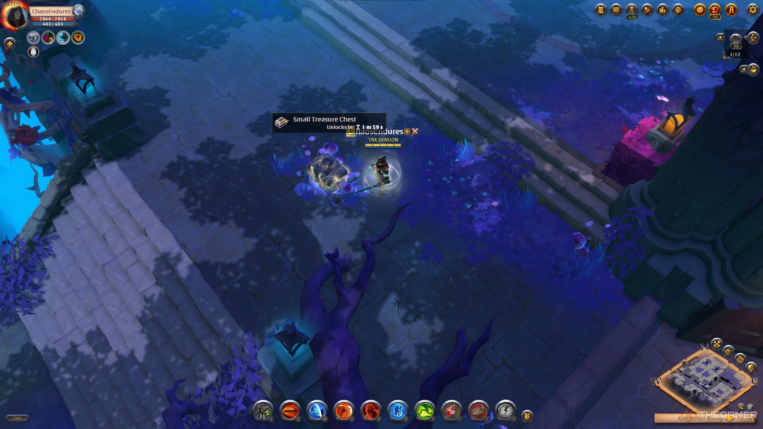 A player, waiting for a Small Chest to open in the Knightfall Abbey, in Albion Online.