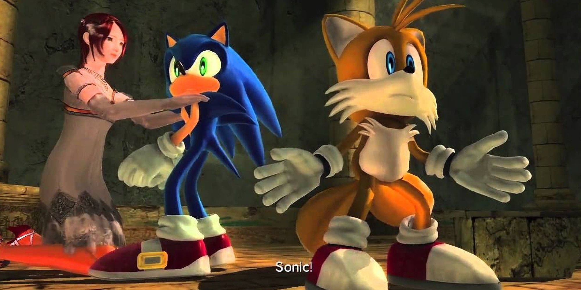 Sonic 06 screenshot of Sonic and Tails guarding Princess Elise.