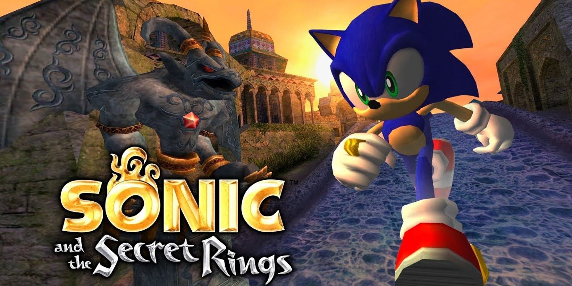 Sonic Secret of the Rings: Sonic races down the path in Sand Oasis next to the game's logo.