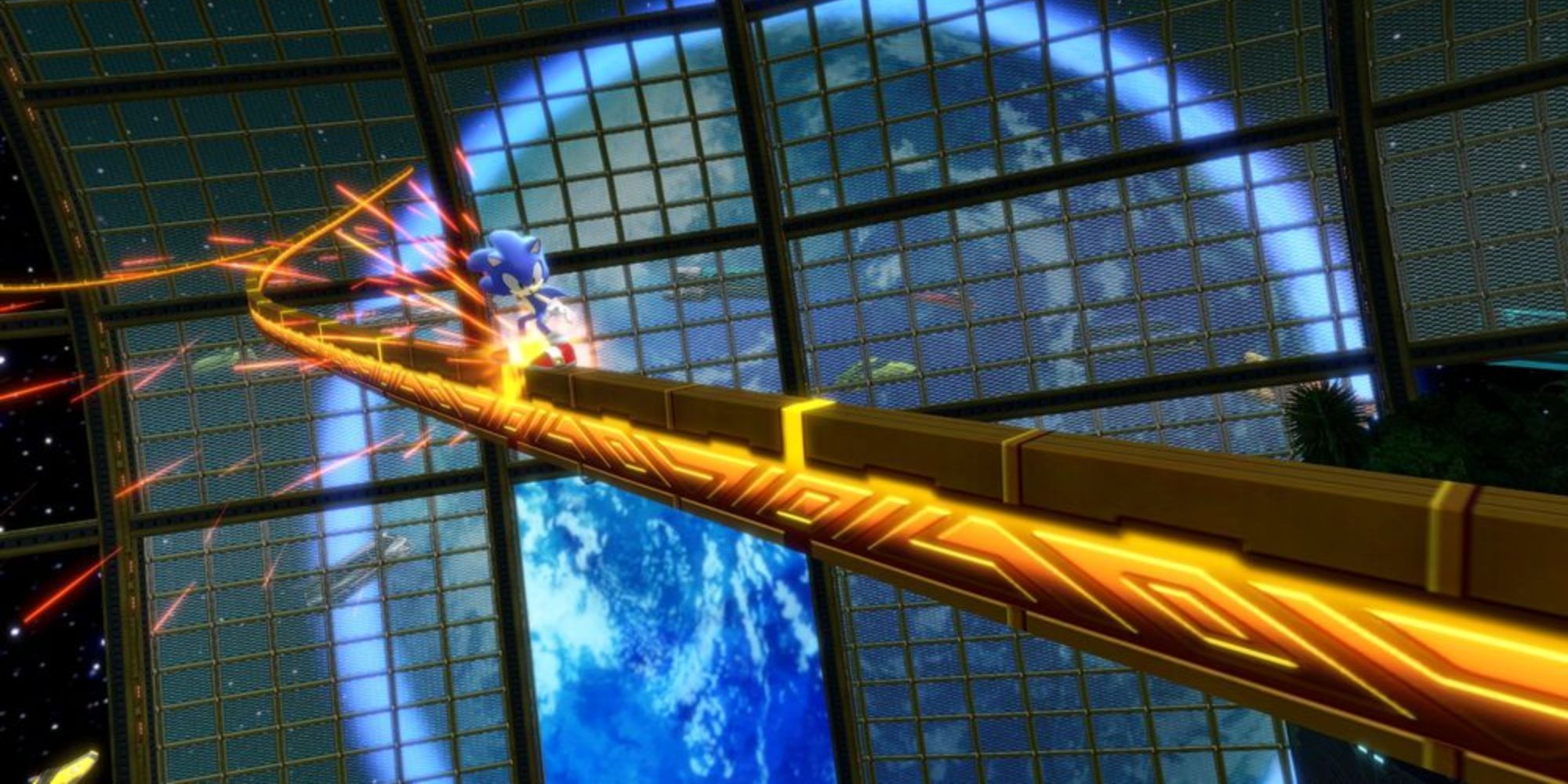 Sonic Colors Ultimate: Tropical Resort Act 1, with Sonic grinding through space on a rail.