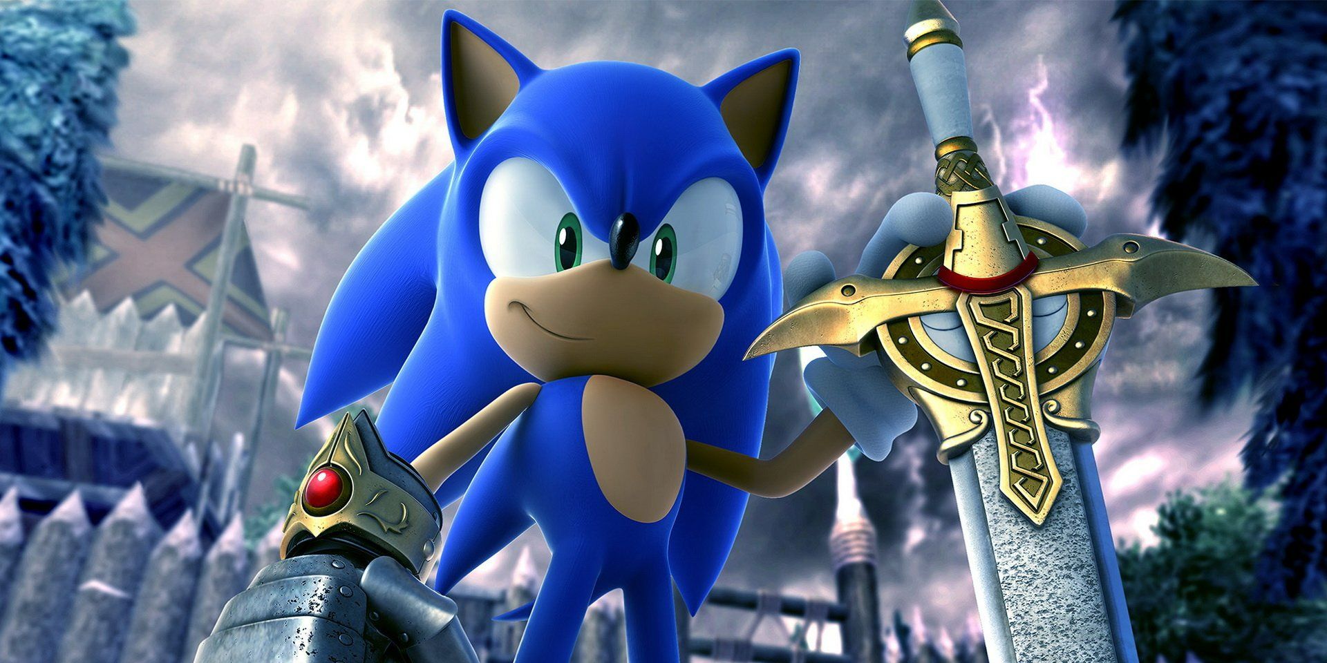 Sonic holding a large sword, Caliburn, and wearing a gauntlet.