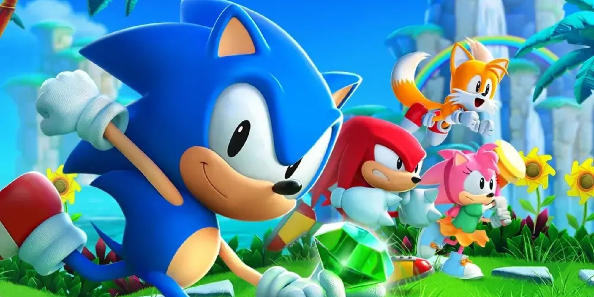 From front to back - Sonic, Knuckles, Amy, and Tails all running in a line in key art for Sonic Superstars.