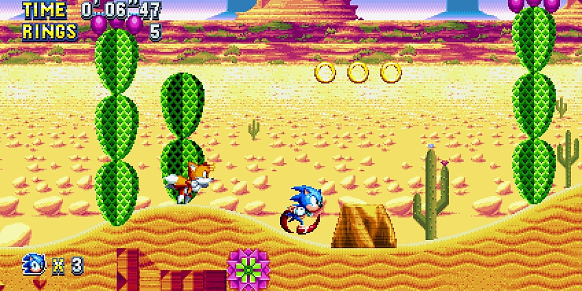 Image of Sonic and Tails running through the desert in Sonic Mania.