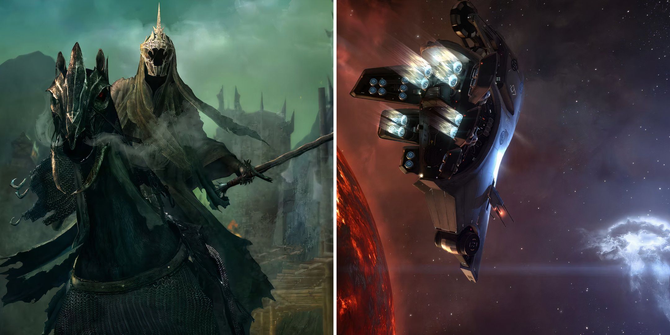 Side-by-side artwork for both Lord of the Rings Online and EVE Online.