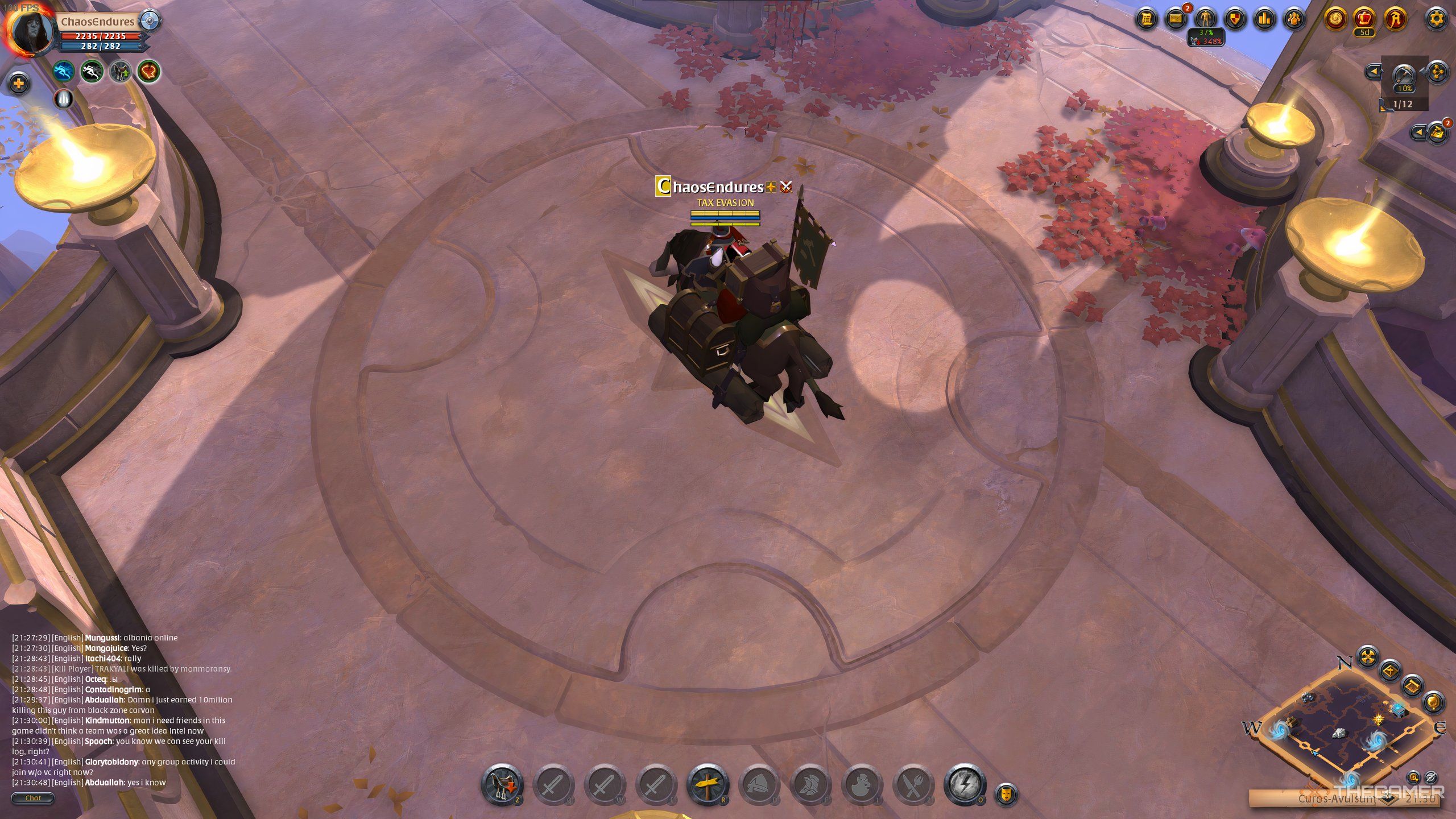 A player, riding their Ox through the Roads of Avalon in Albion Online.