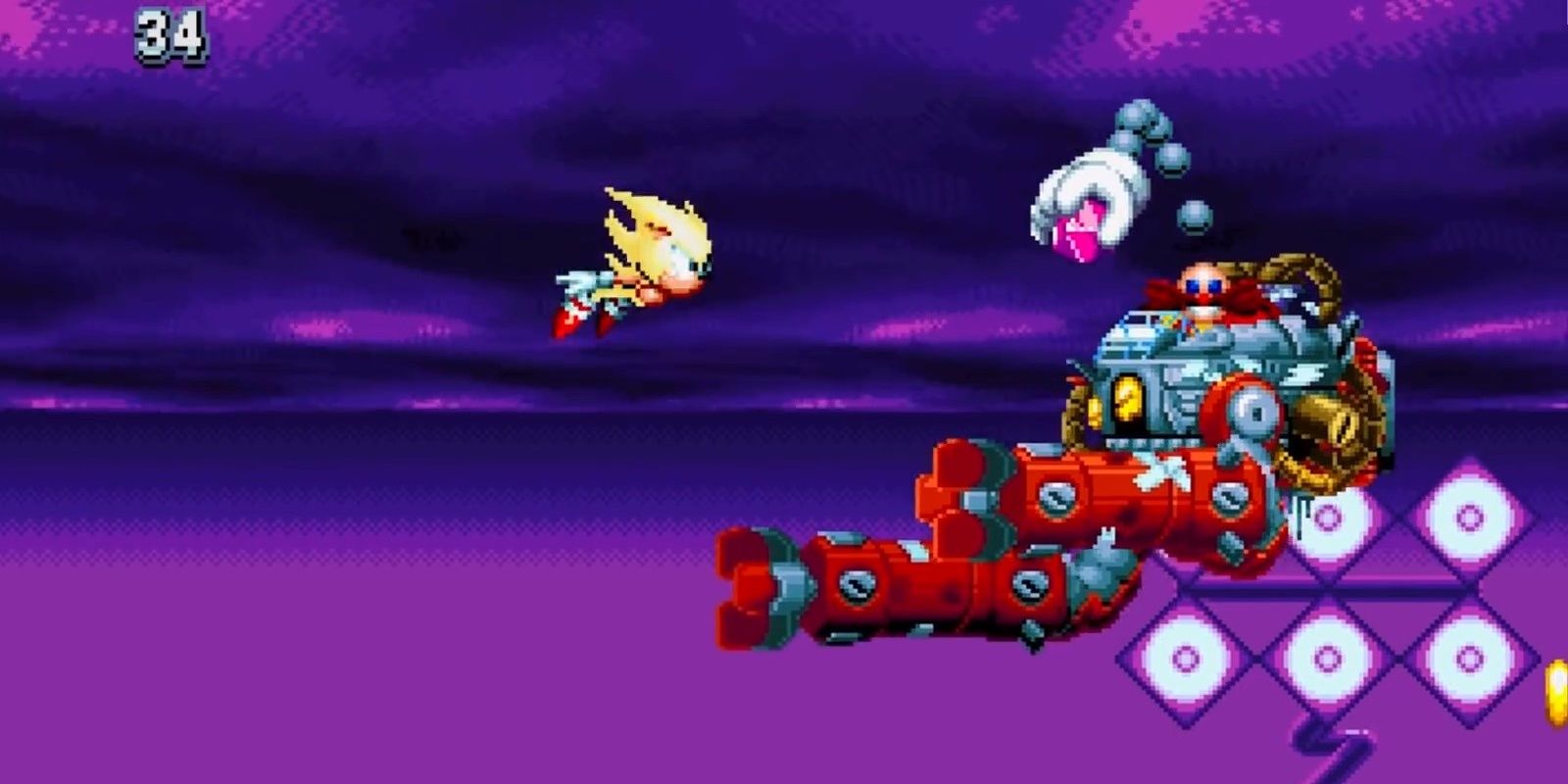 Super Sonic facing off against Eggman in the final boss of Sonic Mania.