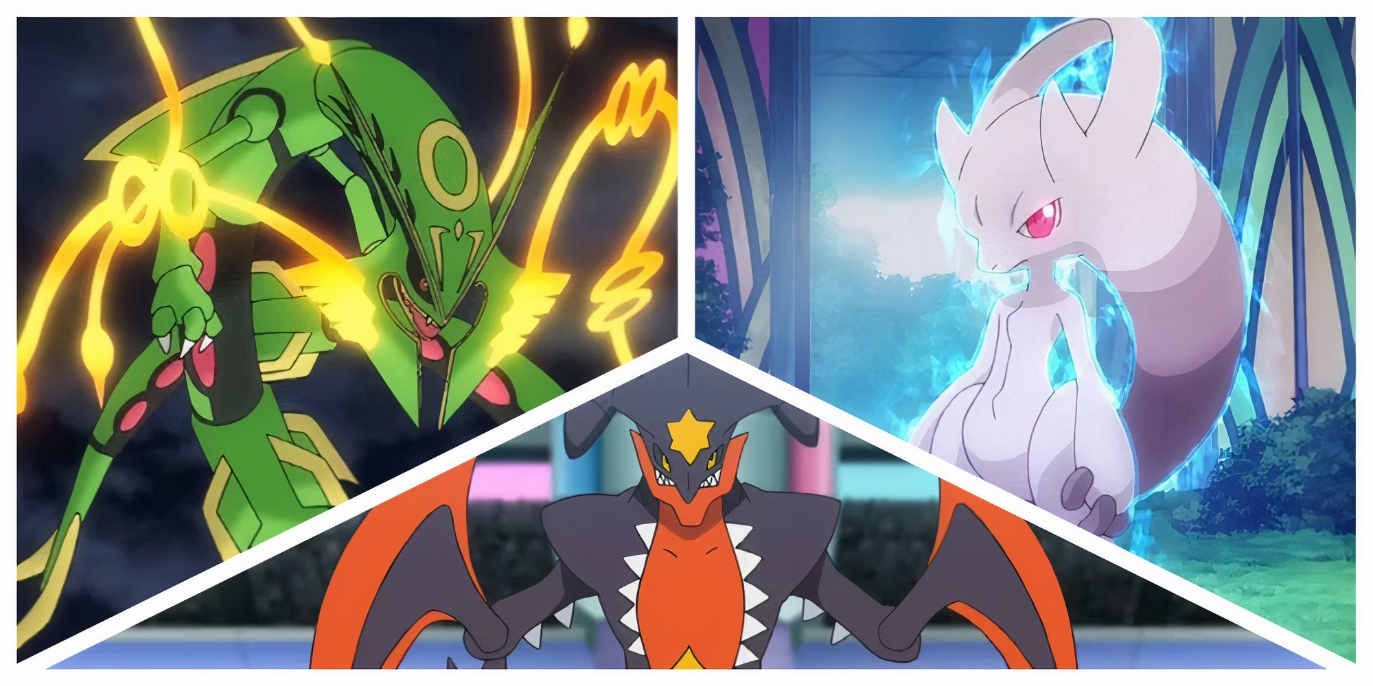 Mega Garchomp, Mewtwo Y, and Mega Rayquaza ready to battle in Pokemon