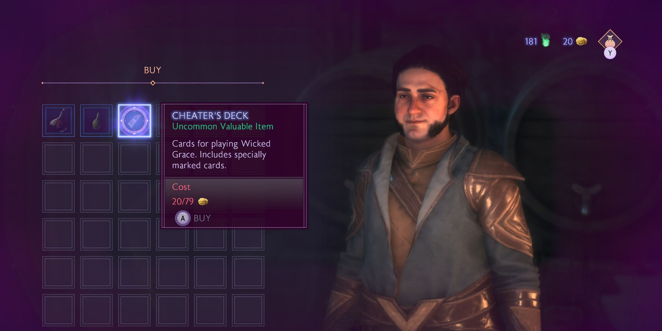 An image of a merchant selling a Cheater's Deck in Dragon Age: The Veilguard