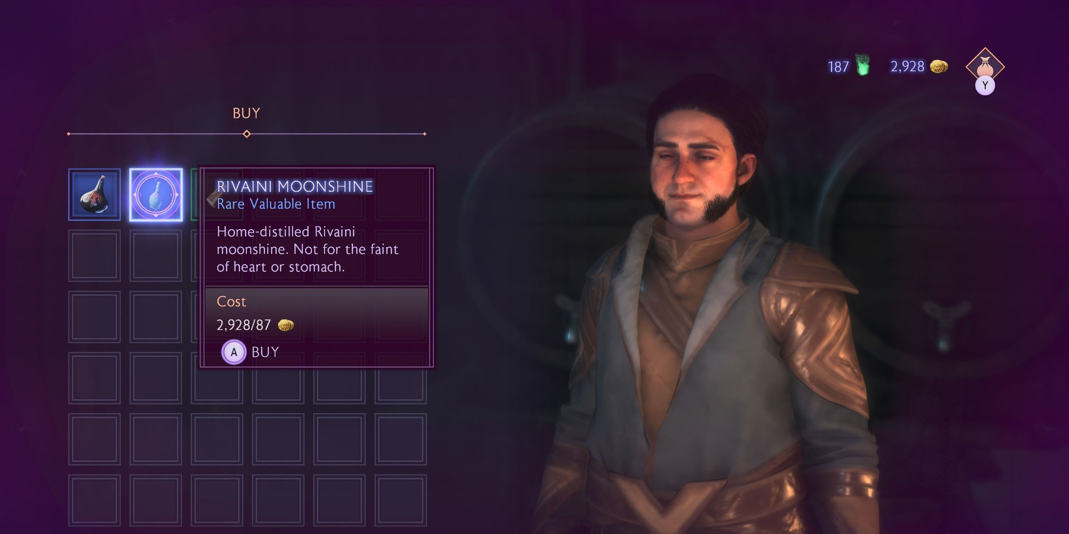 An image of a merchant selling Rivani Moonshine in Dragon Age: The Veilguard