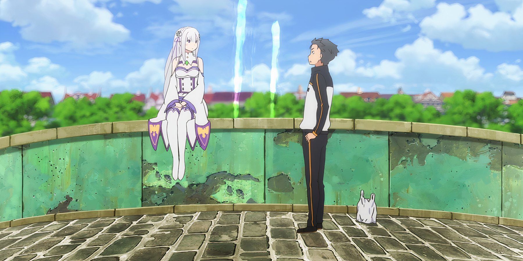 Emilia sitting on a bridge talking to Subaru Natsuki in Re:Zero