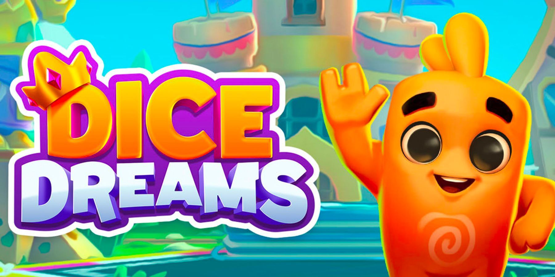 The Dice Dreams logo next to an orange alien creature waving its hand