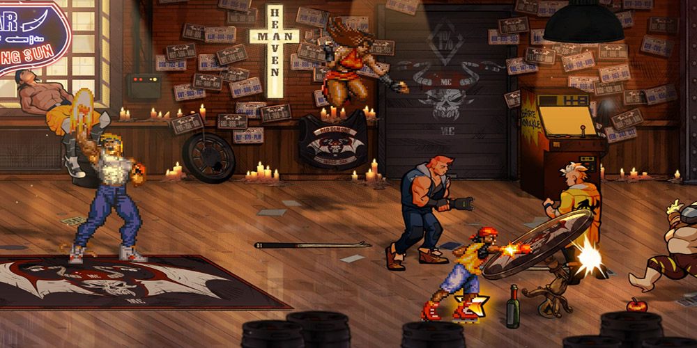 Axel, Blaze, and Skate beating up baddies in a bar