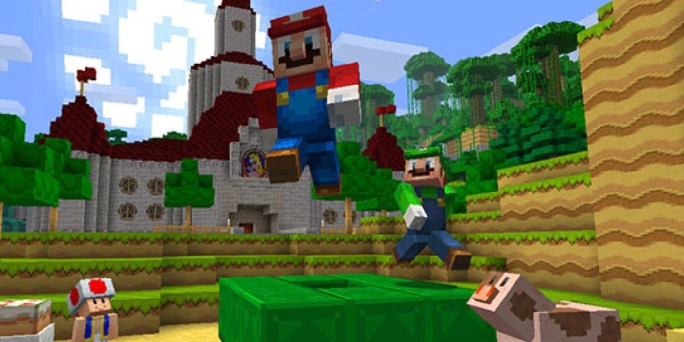 Mario and Luigi jumping with Peach's Castle in background in Mario-themed Minecraft