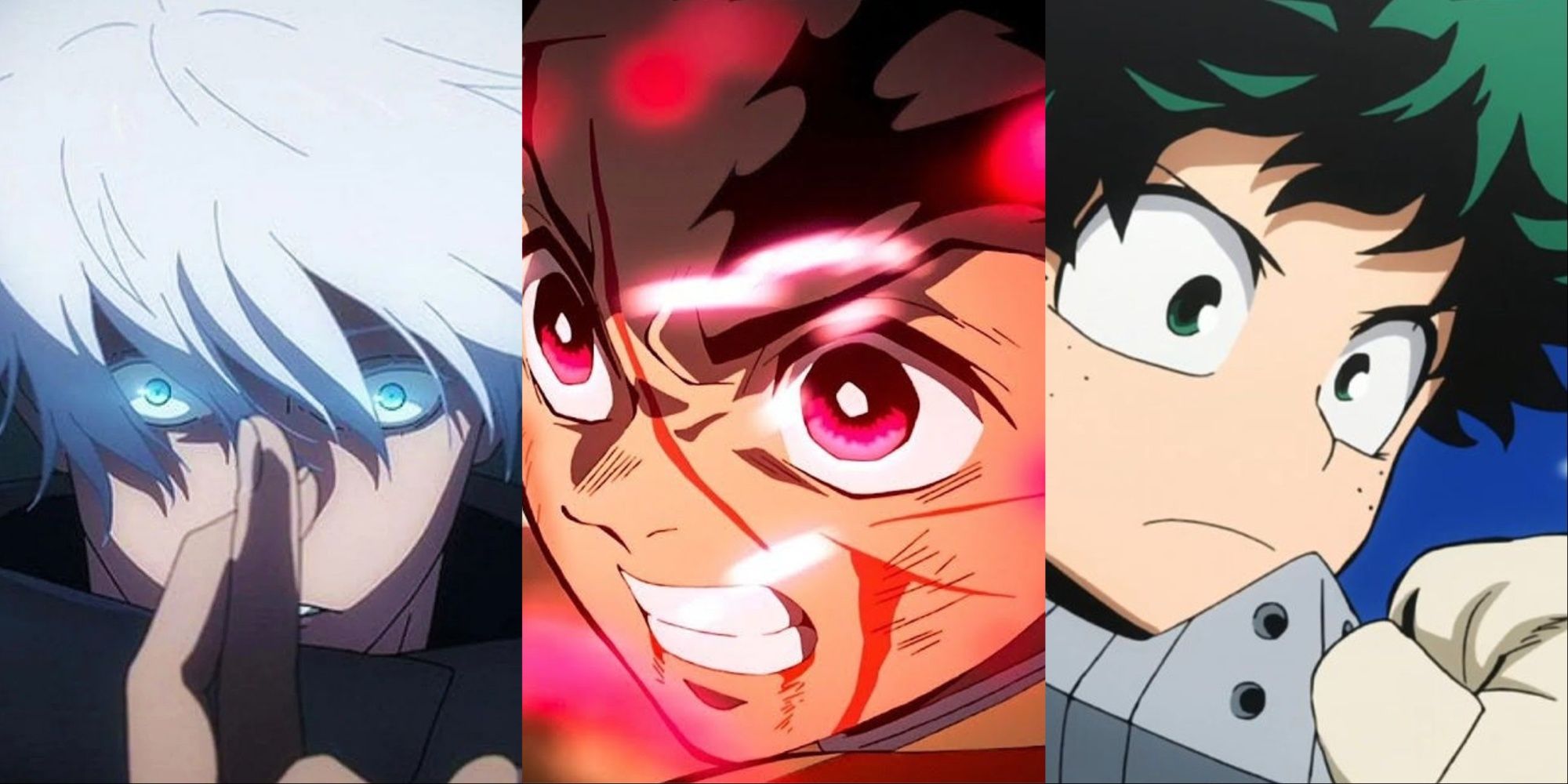 Satoru Gojo left, Tanjiro Kamado middle, Izuku Midoriya right