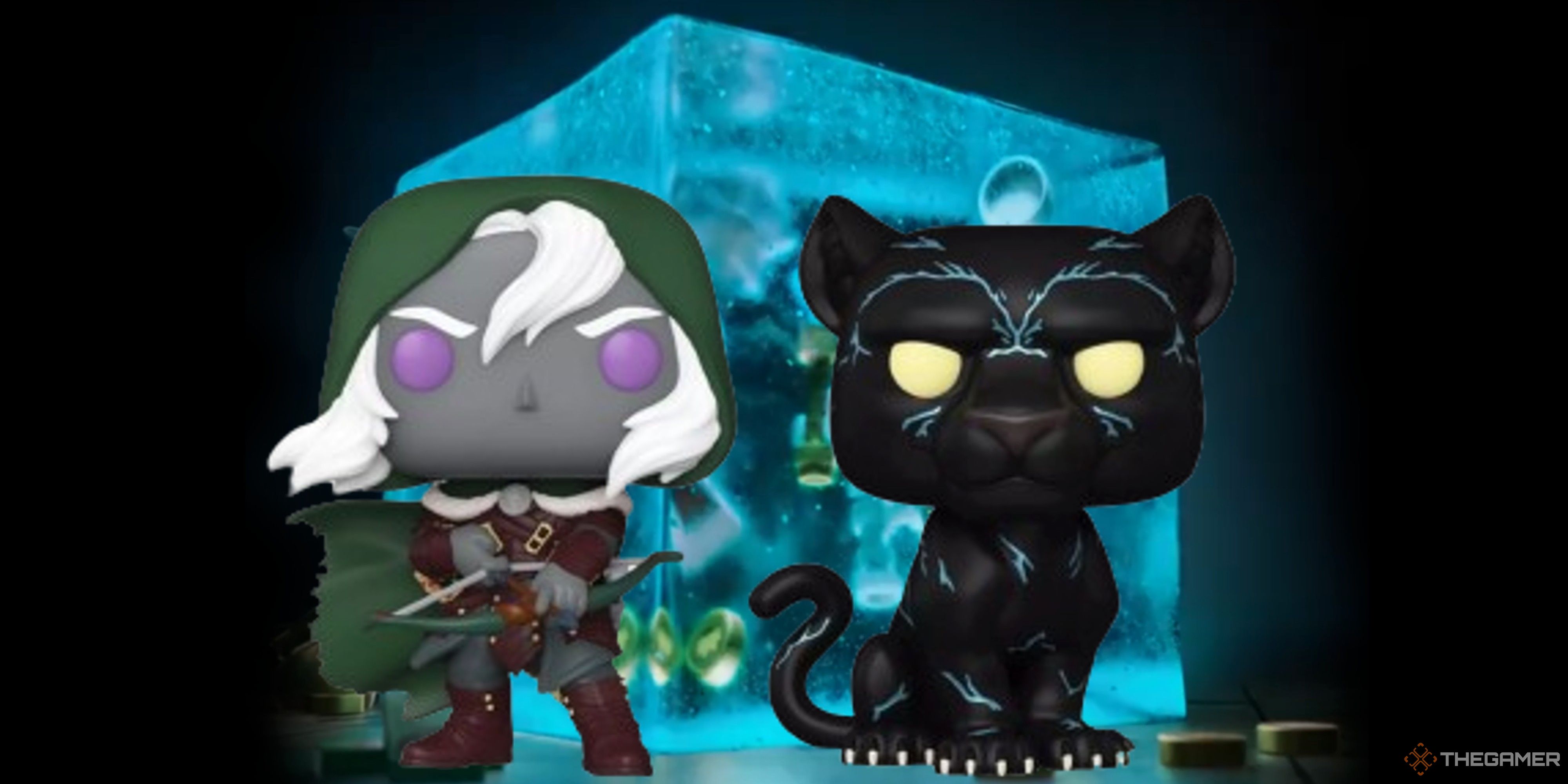 Drizzt and Guenhwyvar funko pops in front of a lego gelatinous cube