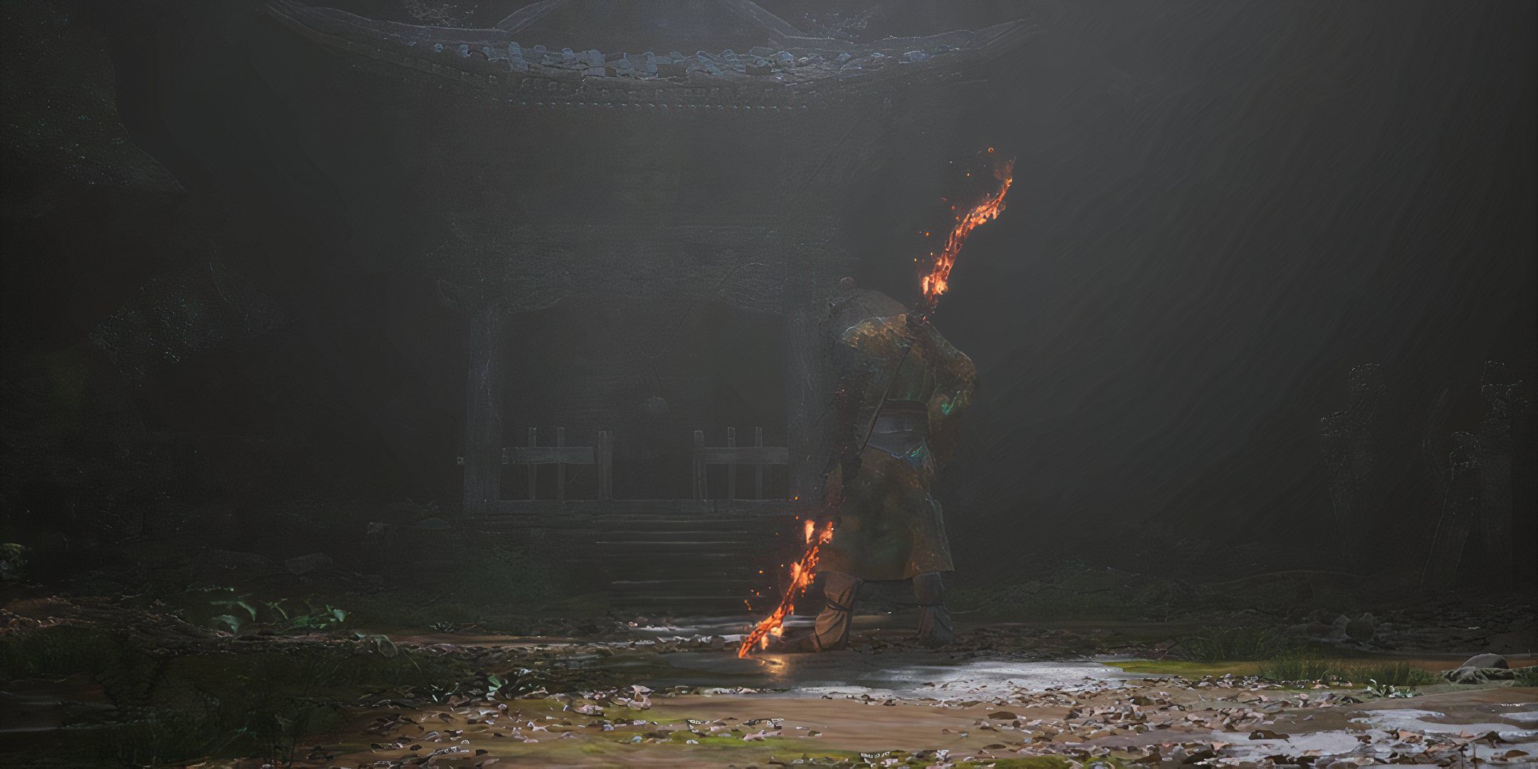 Guangzhi holding his flaming spear weapon as he looks back at The Destined One.