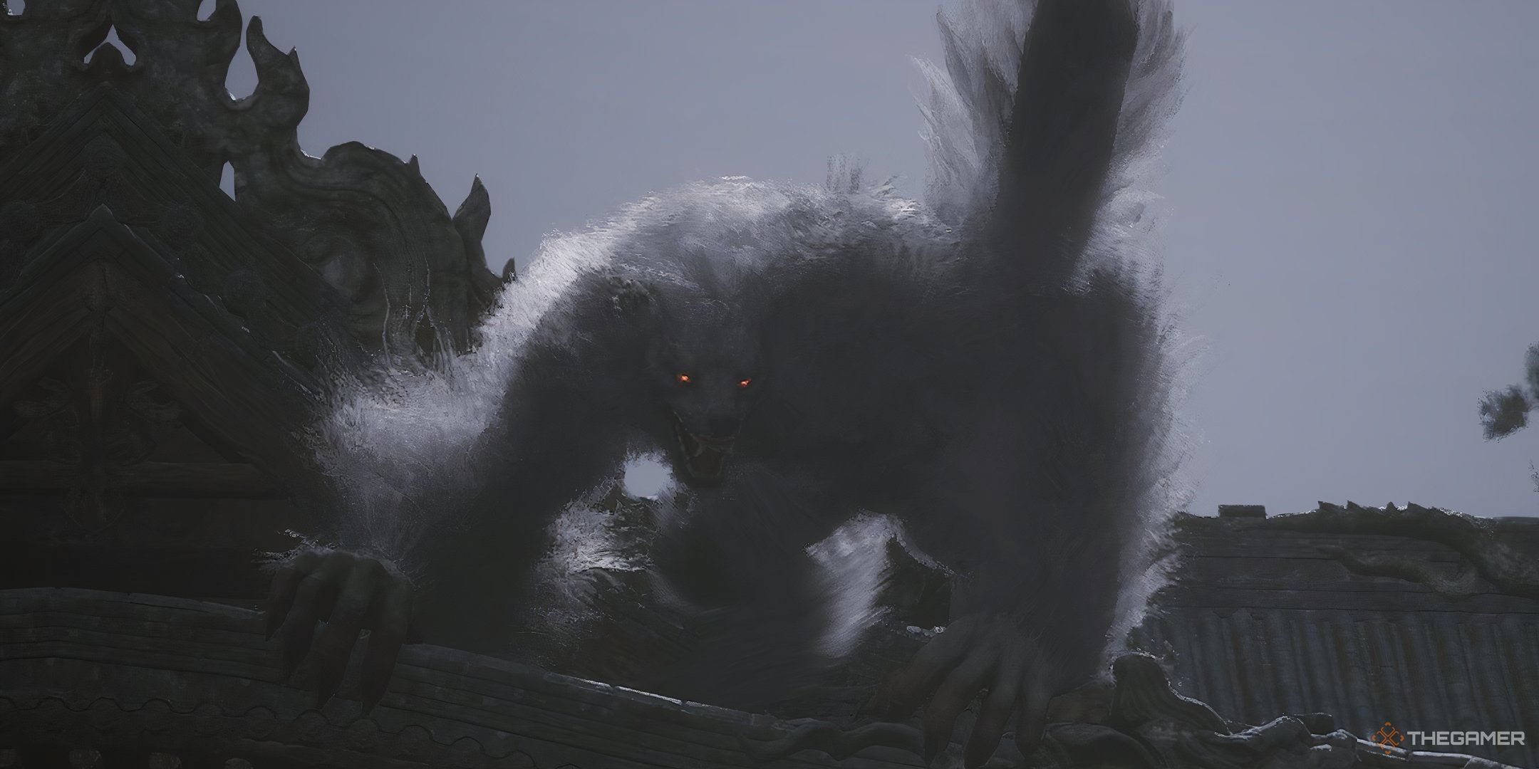 Lingxuzi crawls over rooftop overlooking Wukong during intro cutscene before fight in Black Myth: Wukong.