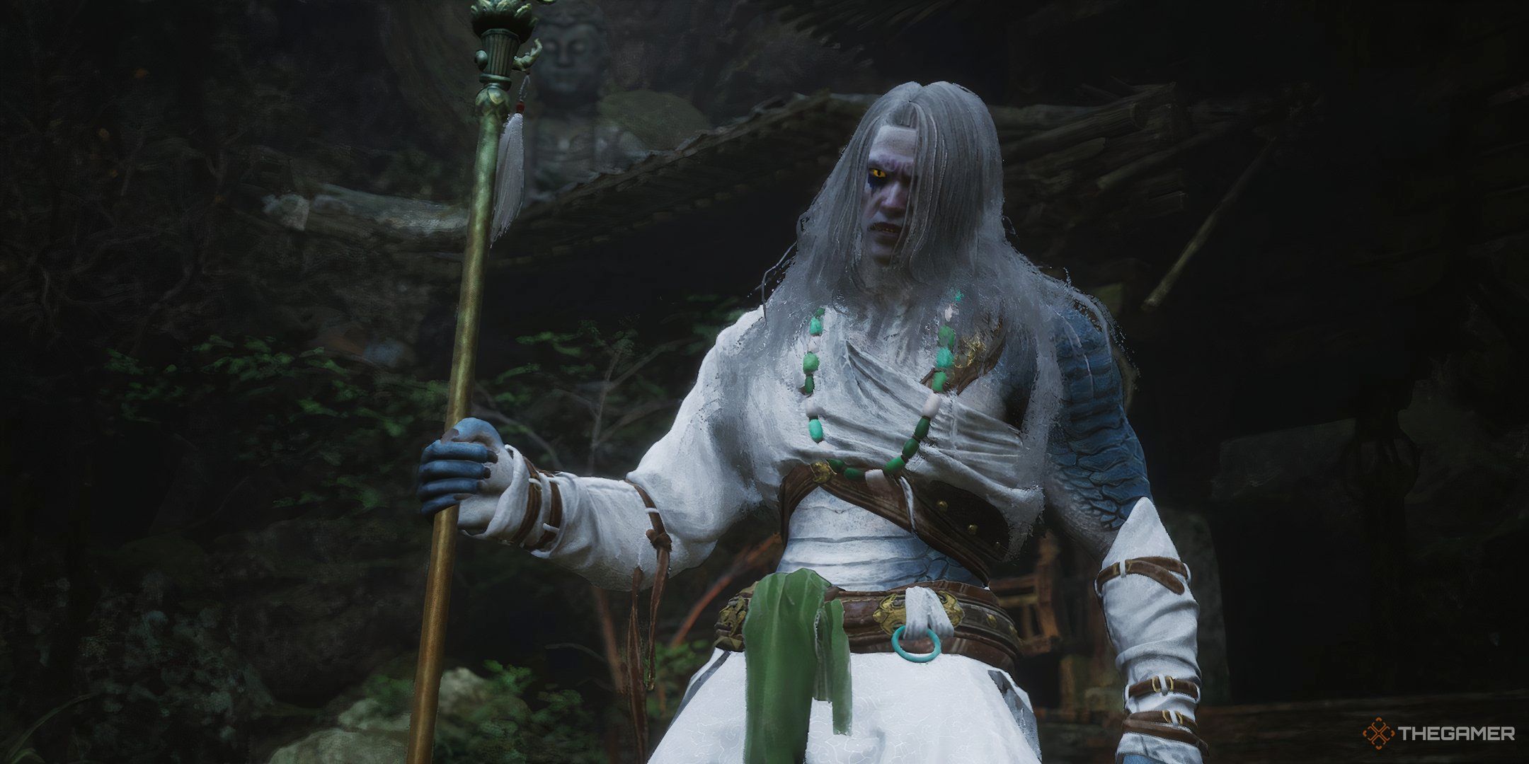 The White Clad Noble glares at Wukong following his defeat at the end of their battle in Black Myth: Wukong.