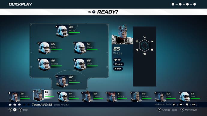 The team sheet in the new Speedball. Icons of characters' heads are aligned in a team formation, and a line of subs can be seen below.