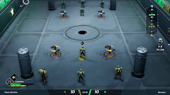 Speedball gameplay. Two teams of six face off against each other in a metal drum-like arena.