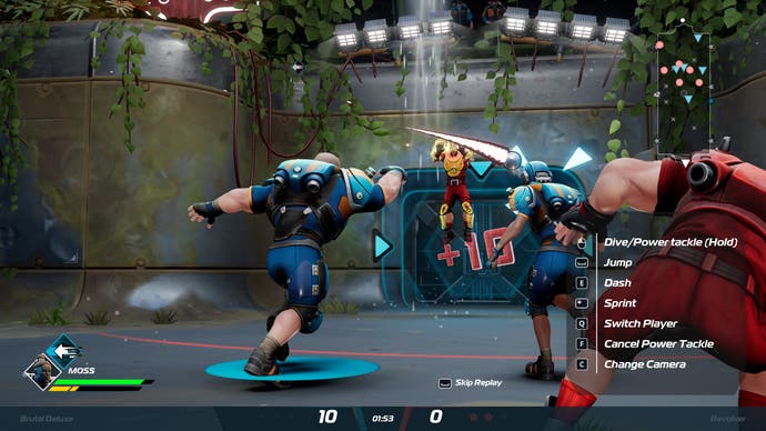 A goal replay in Speedball. A bulky, sports armoured character throws a ball towards a goal in a wall.