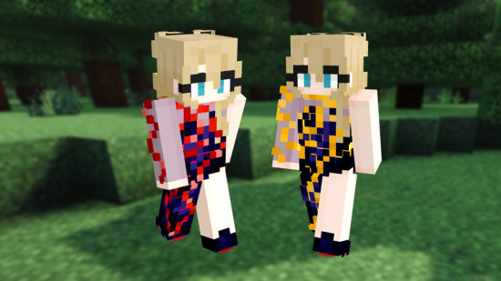 Two Taylor Swift Minecraft skins showing the red and gold versions of the Reputation Era Tour bodysuit.