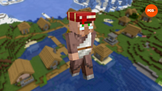 A Minecraft skin made to look like a Librarian villager, on the backdrop of a plains village.