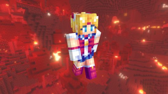 Best Minecraft skins: Amodern and brightly-coloured sailor moon skin, featuring the iconic red, white, and blue coloring, with golden details.