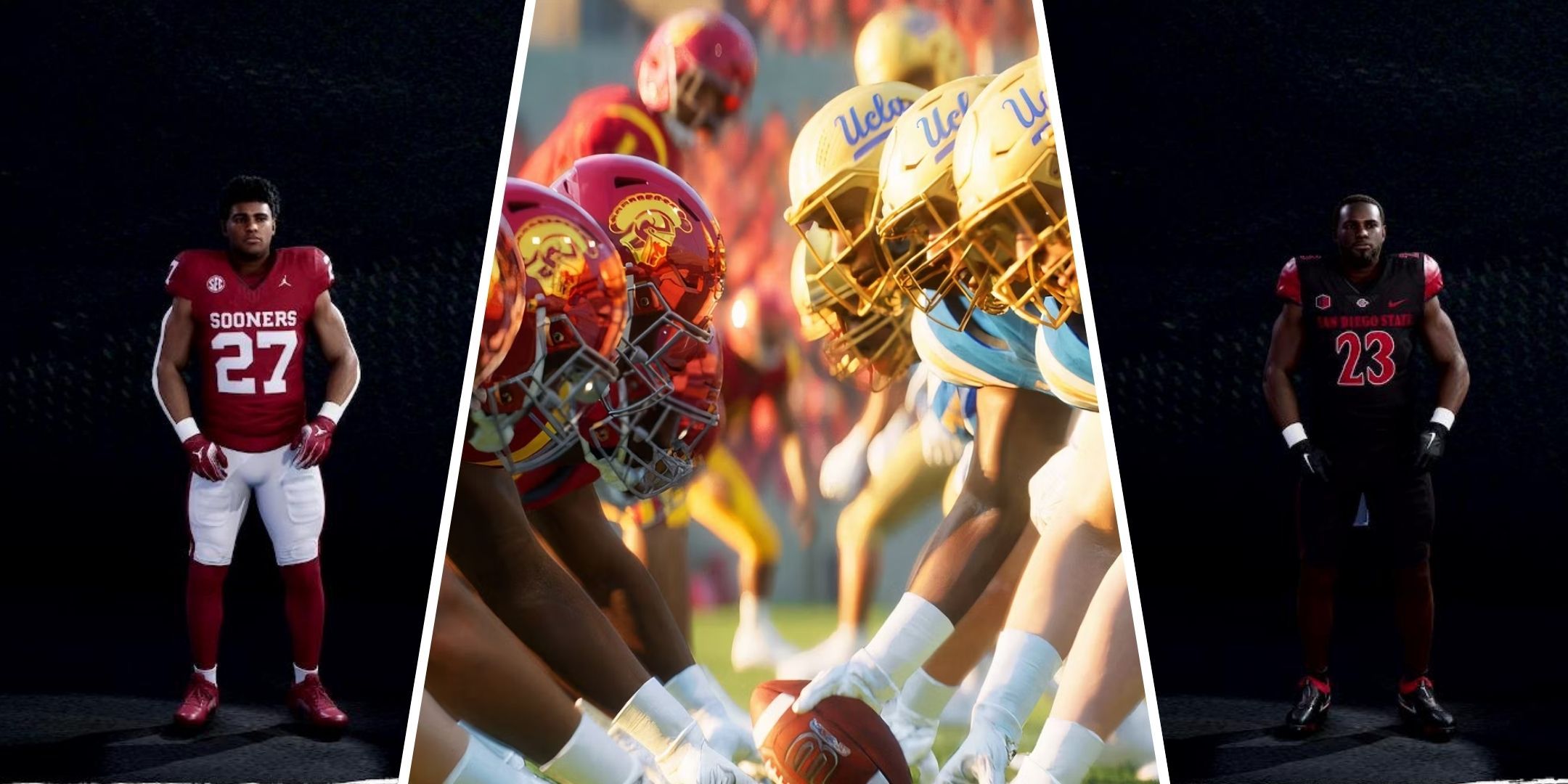 Two teams lined up on opposite sides of the line of scrimmage in College Football 25, with Gavin Sawchuk standing on the left and Kenan Christon standing on the right.