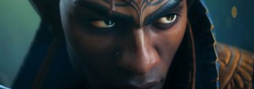 Dragon Age: The Veilguard reveal trailer screenshot showing a close-up of an elf's stern face, a blade held up beside his cheek