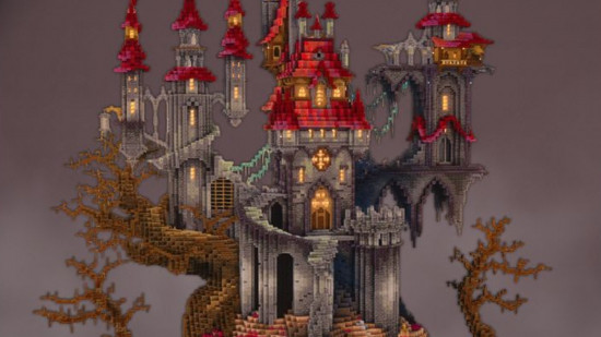 A spooky gray and red castle sits atop large wooden tree branches in one of the best Minecraft castle builds we've seen.