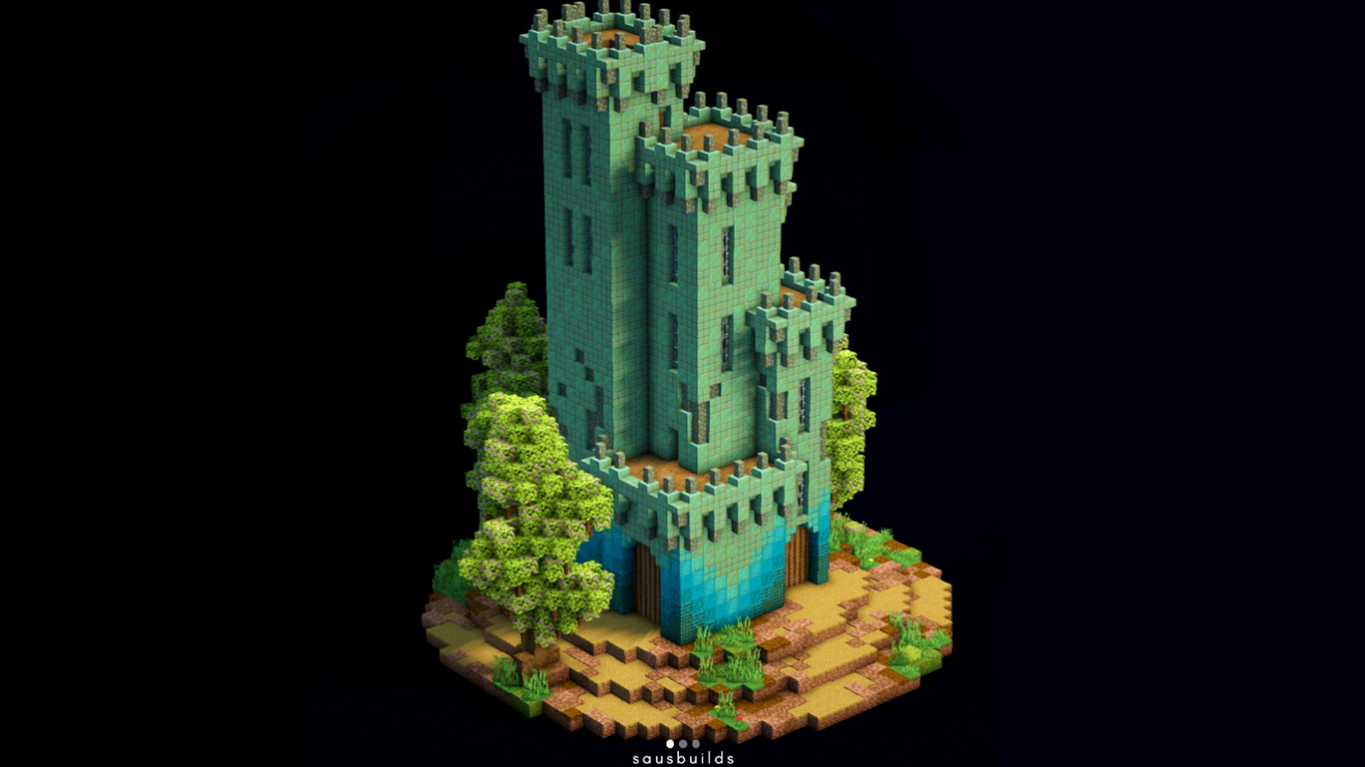 A green and aqua Minecraft castle.