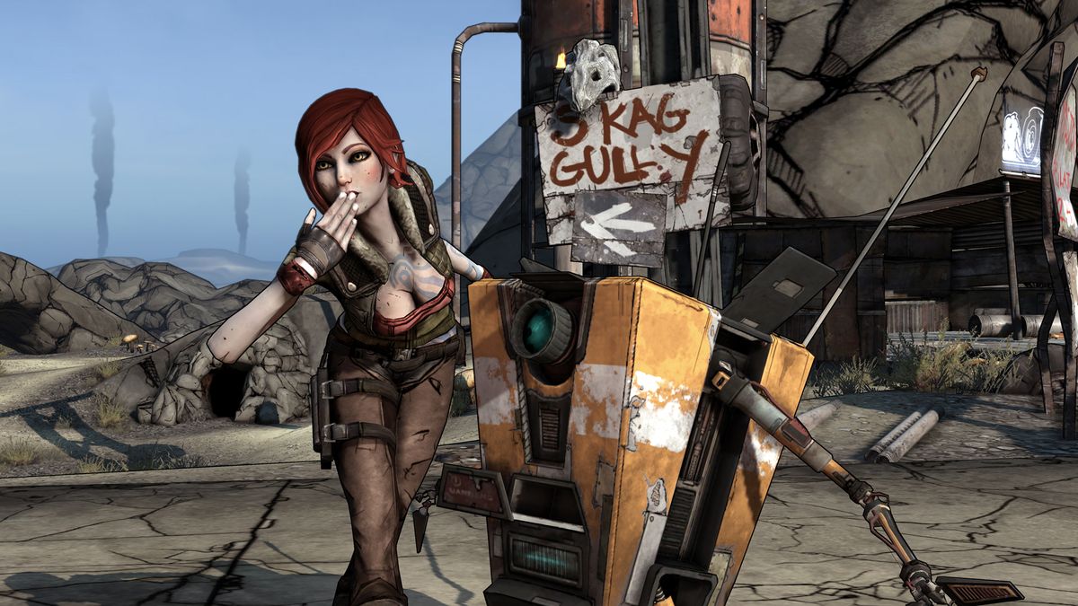 A screenshot of Borderlands (2009) featuring playable character Lilith and robot series mascot Claptrap