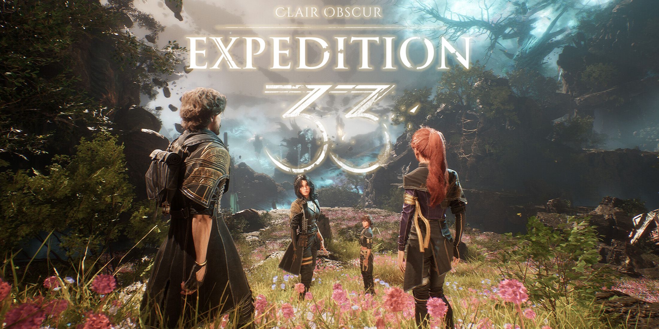 Clair Obscur Expedition 33 glowing logo over four-person party promo screenshot